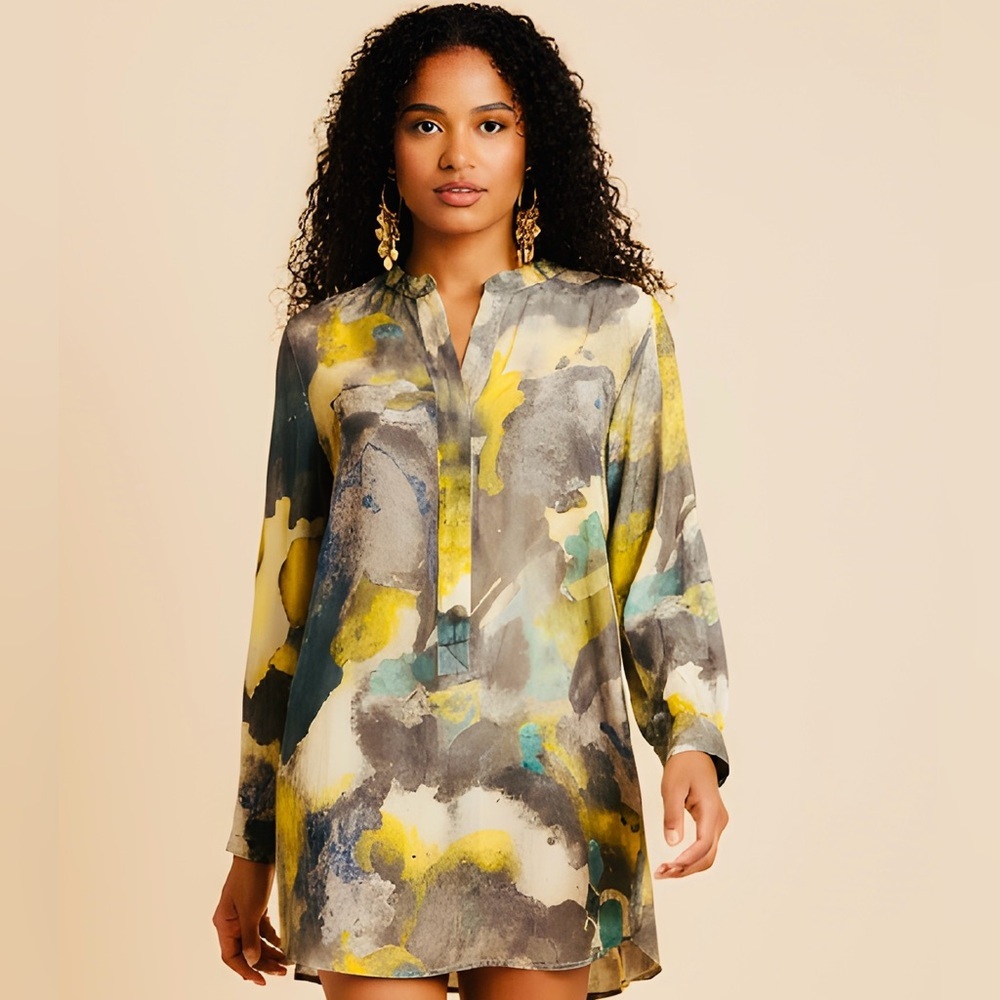 GUC Mossino SZ L green/yellow/multicolored tunic top w/zip up front/bust 44”